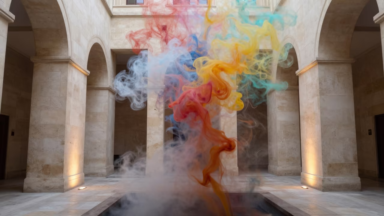 Colored Smoke Colliding in Atrium in inside a vaulted atrium near Diyarbakir