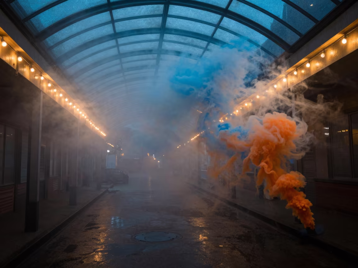 Colored Smoke Colliding in Mufulira Arcade in inside a glass-roofed arcade in Mufulira