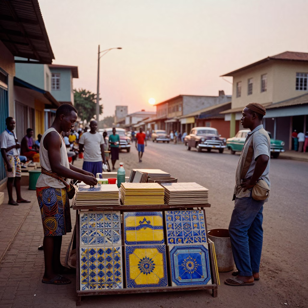 Colorful 1950s Accra Street Scene with Ceramic Tiles and Sunset Light in in Accra, Ghana