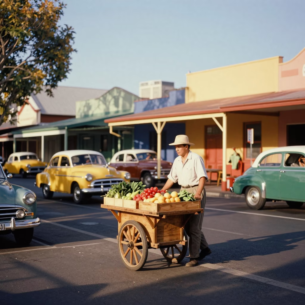 Colorful 1950s Adelaide South Australia Street Scene with Vintage Carts and Local Life in in Adelaide, South Australia, Australia