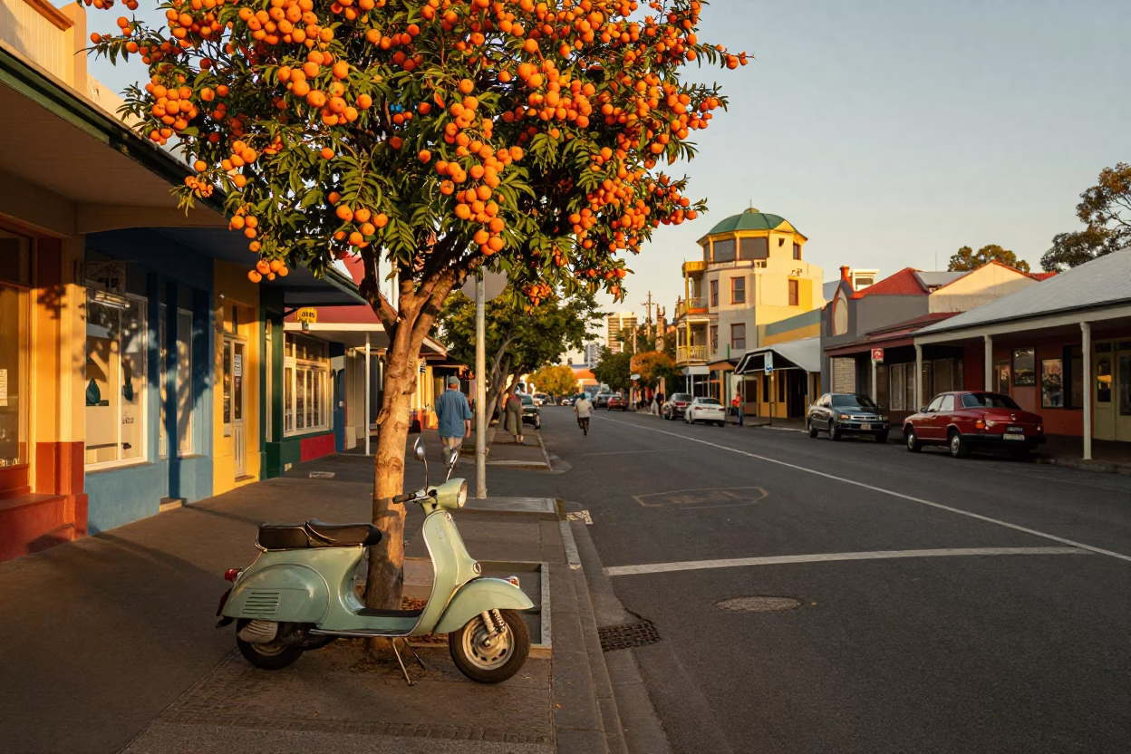 Colorful 1950s Adelaide street scene with apricots and vintage scooter in honeyed evening light in in Adelaide, South Australia, Australia