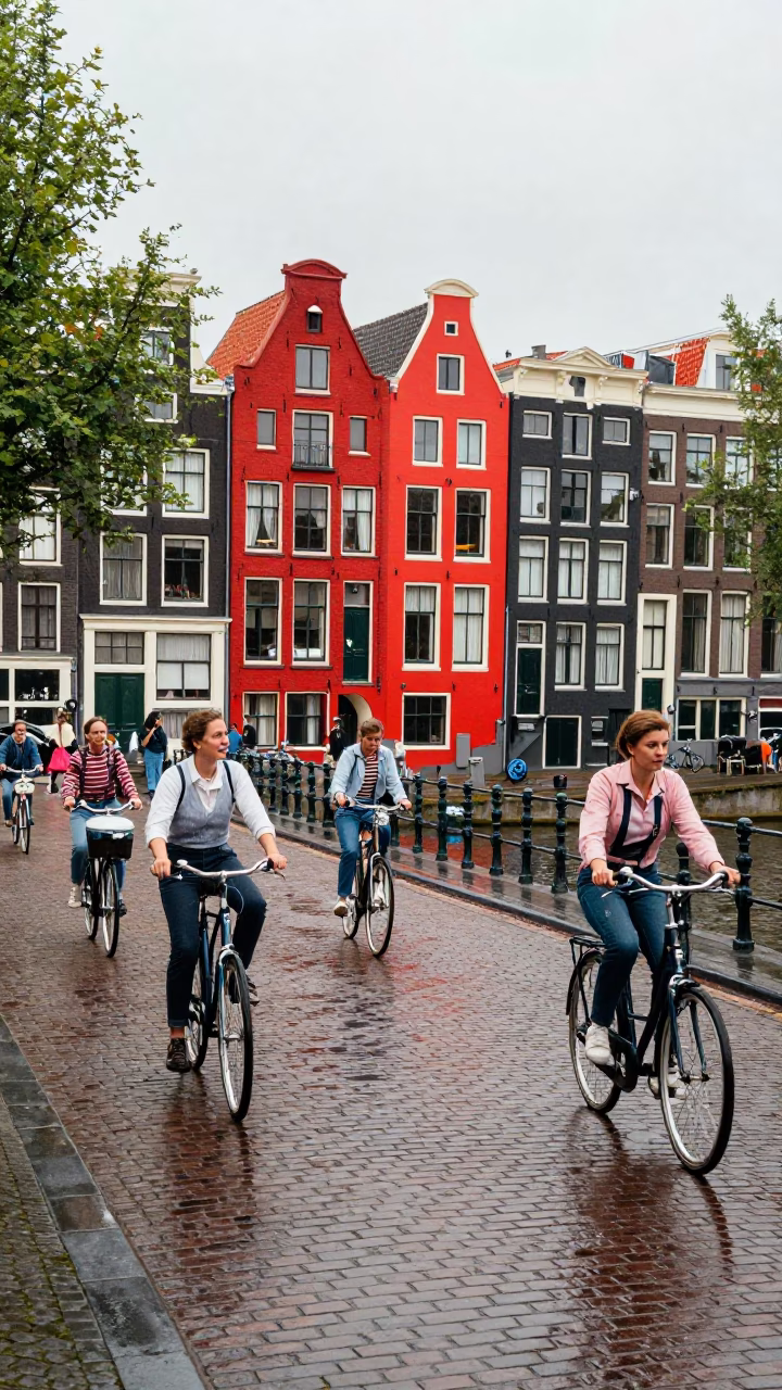 Colorful 1950s Amsterdam Canal Scene with Cyclists and Traditional Dutch Architecture at Midday in in Amsterdam, Netherlands