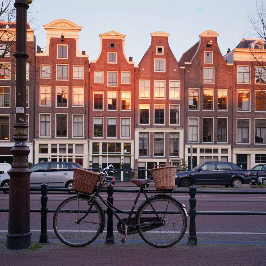 Colorful 1950s Amsterdam Street Scene with Vintage Bicycle and Brick Canal Houses in in Amsterdam, Netherlands