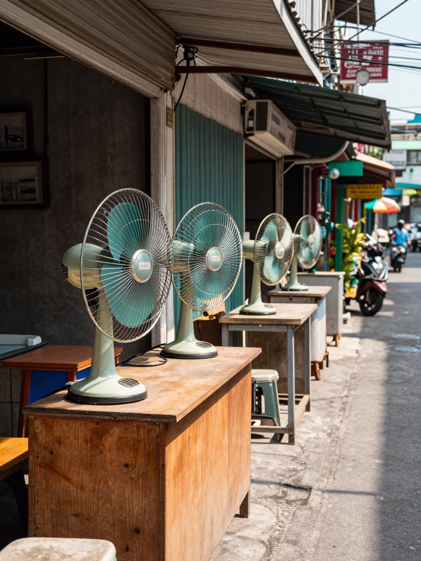 Colorful 1950s Bangkok street scene with vintage fans and local life in in Bangkok, Thailand