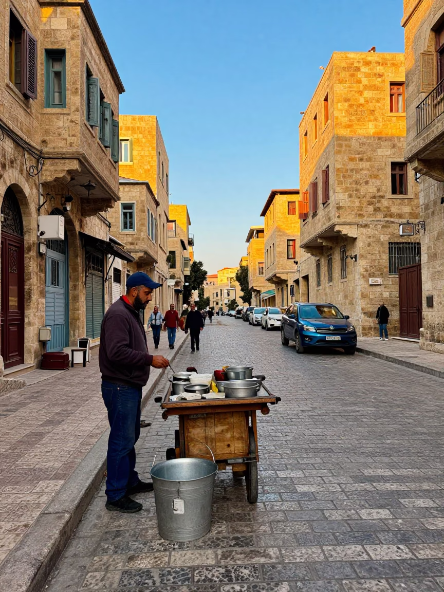 Colorful 1950s Beirut Street Scene with Metal Bucket and Folding Stools at Nautical Dawn in in Beirut, Lebanon
