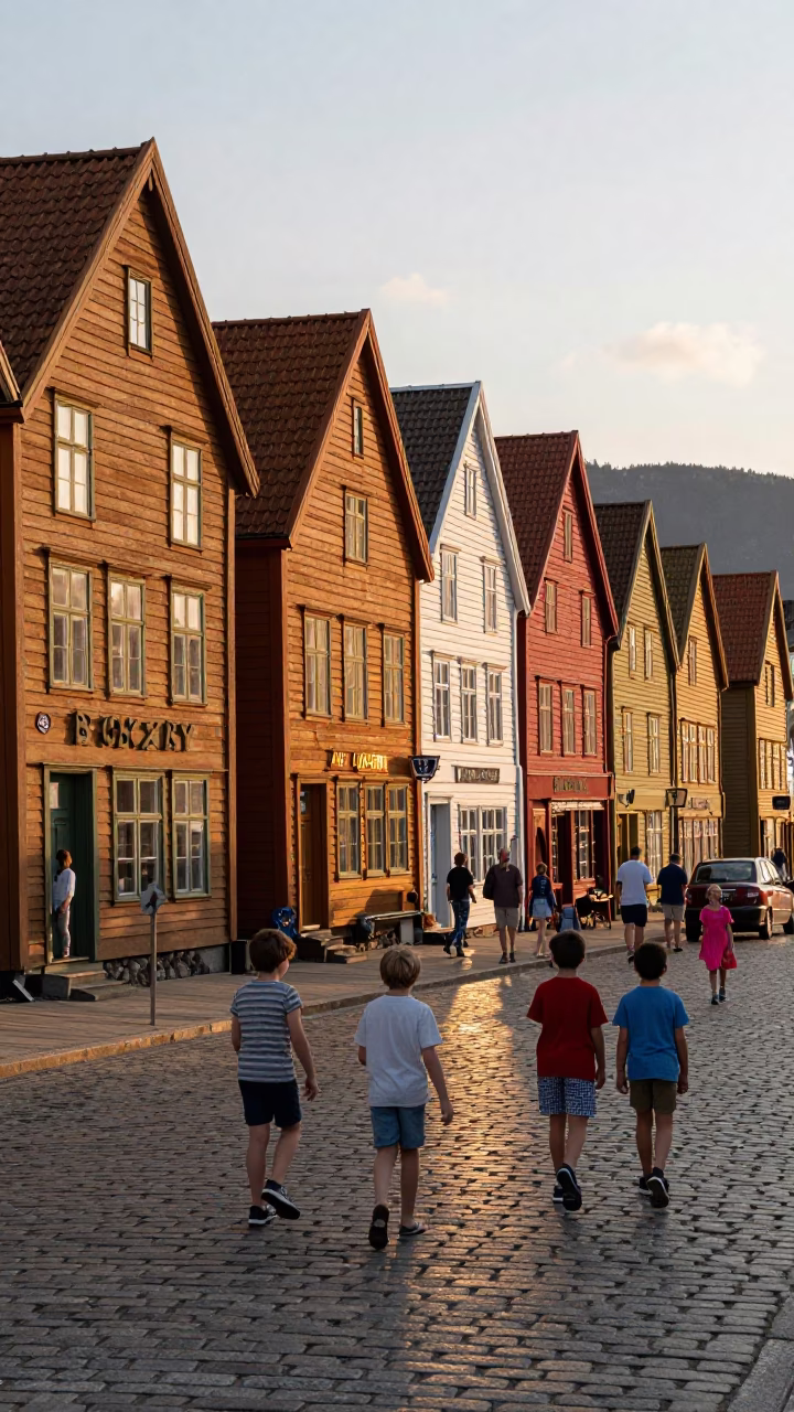 Colorful 1950s Bergen Norway Evening Street Scene with Traditional Bryggen Wharf in in Bergen, Norway