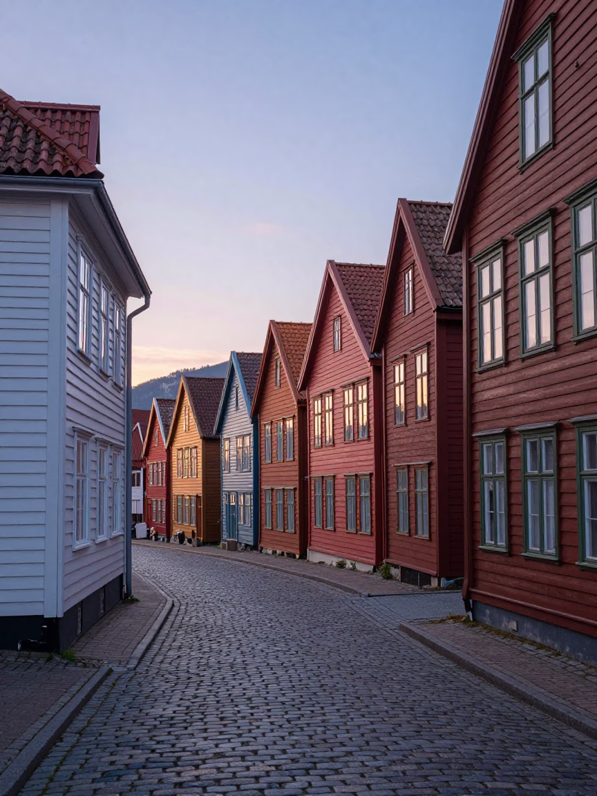 Colorful 1950s Bergen Norway Street Scene Before Sunrise with Traditional Architecture and Local Life in in Bergen, Norway