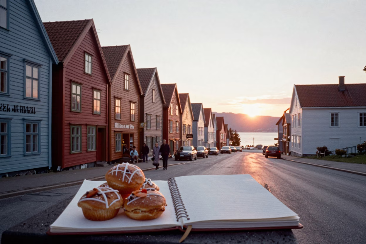Colorful 1950s Bergen Norway Street Scene with Pastries and Notebook at Sunset Horizon in in Bergen, Norway