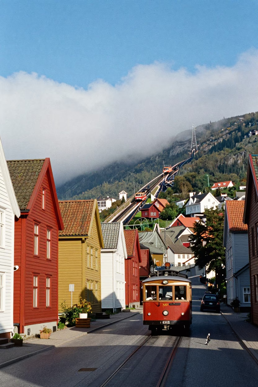 Colorful 1950s Bergen Norway Street Scene with Rack Railway and Sea of Clouds in in Bergen, Norway