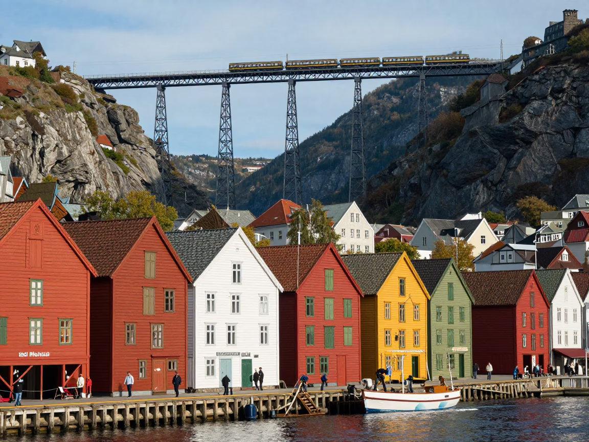Colorful 1950s Bergen Norway Street Scene with Train Trestle and Local Life in in Bergen, Norway