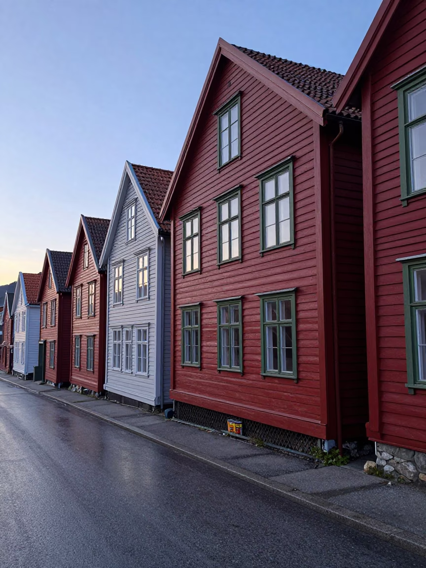 Colorful 1950s Bergen Norway Street Scene with Vintage Tea Tin and Scarf at Dawn in in Bergen, Norway