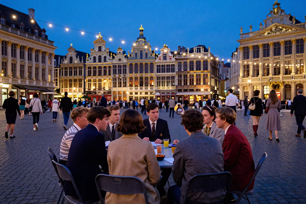 Colorful 1950s Brussels Evening Scene with String Lights and University Students in in Brussels, Belgium