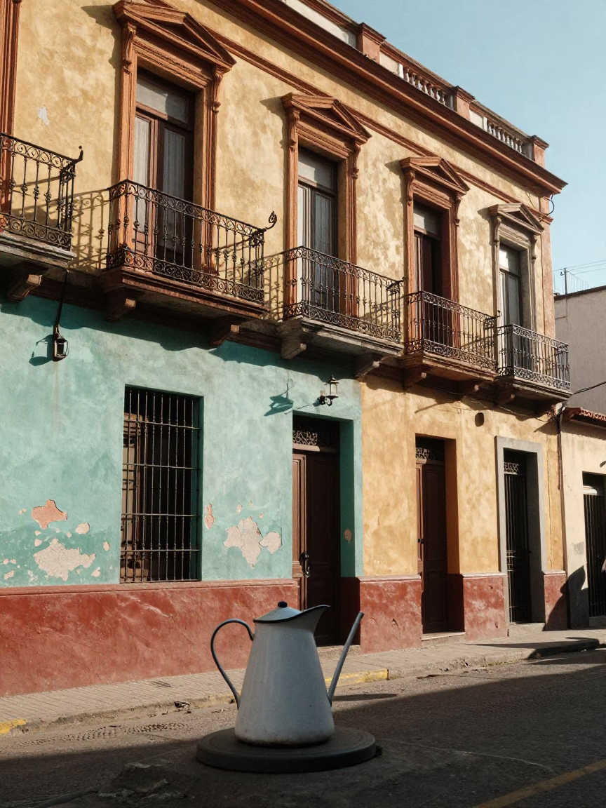 Colorful 1950s Buenos Aires Street Scene with Enamel Pitcher and Fruit Crate in in Buenos Aires, Argentina