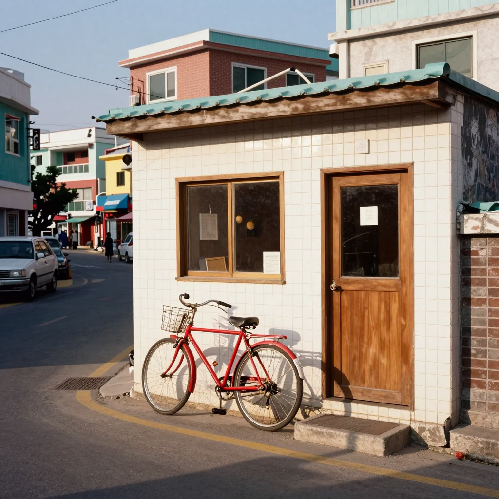 Colorful 1950s Busan Street Scene with Bicycle and Door Mats in in Busan, South Korea