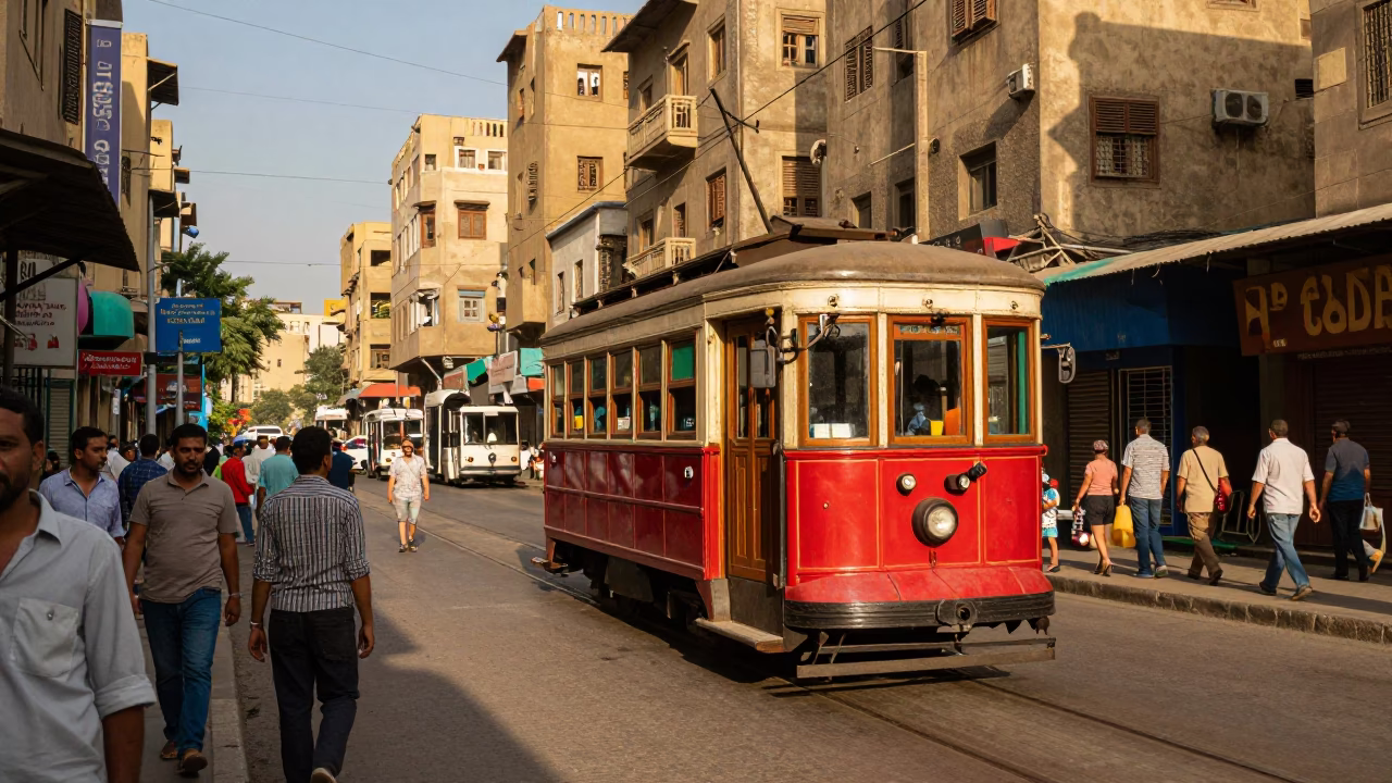 Colorful 1950s Cairo Street Scene with Old Trolley and Figs in in Cairo, Egypt