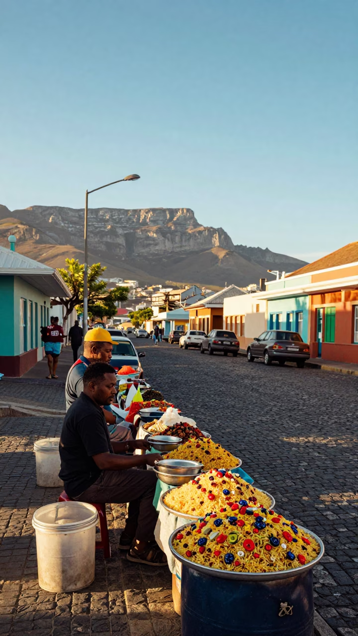 Colorful 1950s Cape Town Street Scene with Local Food and Vintage Details in in Cape Town, South Africa