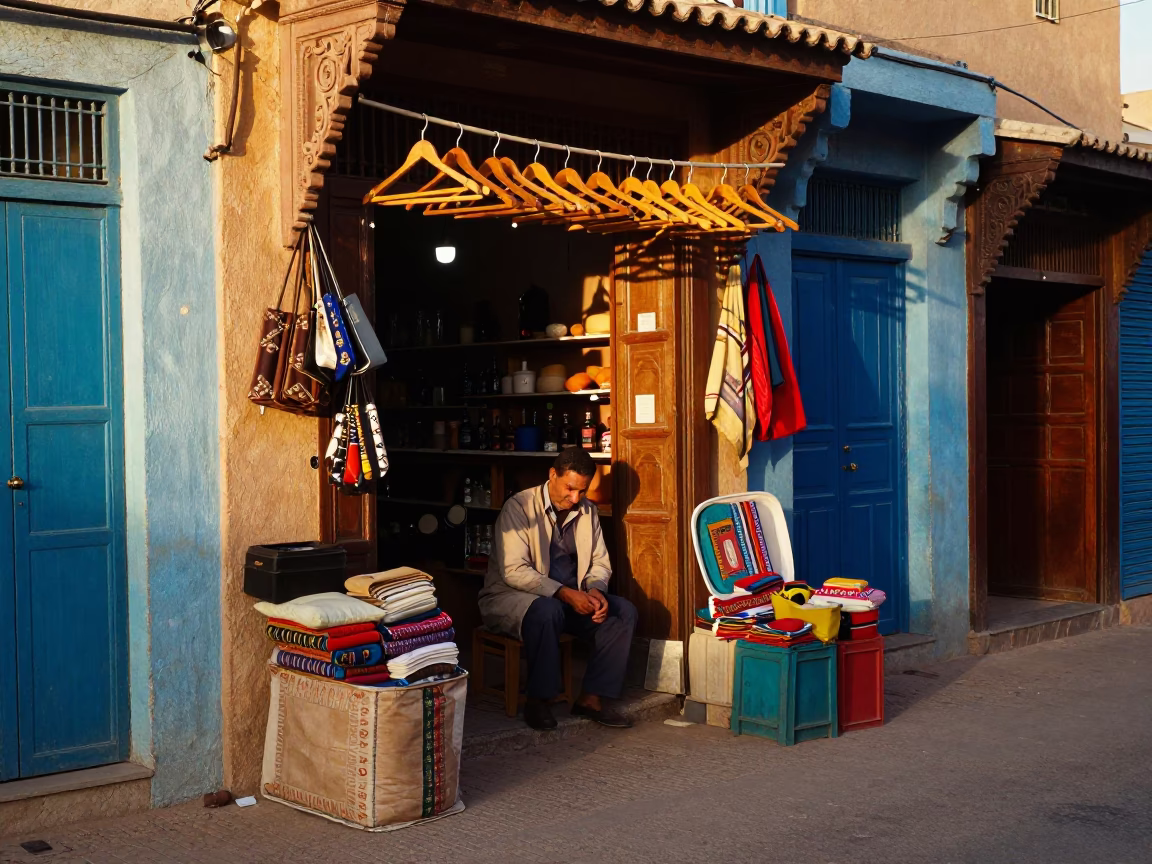 Colorful 1950s Casablanca Street Scene with Wooden Hanger and Spice Jars in in Casablanca, Morocco