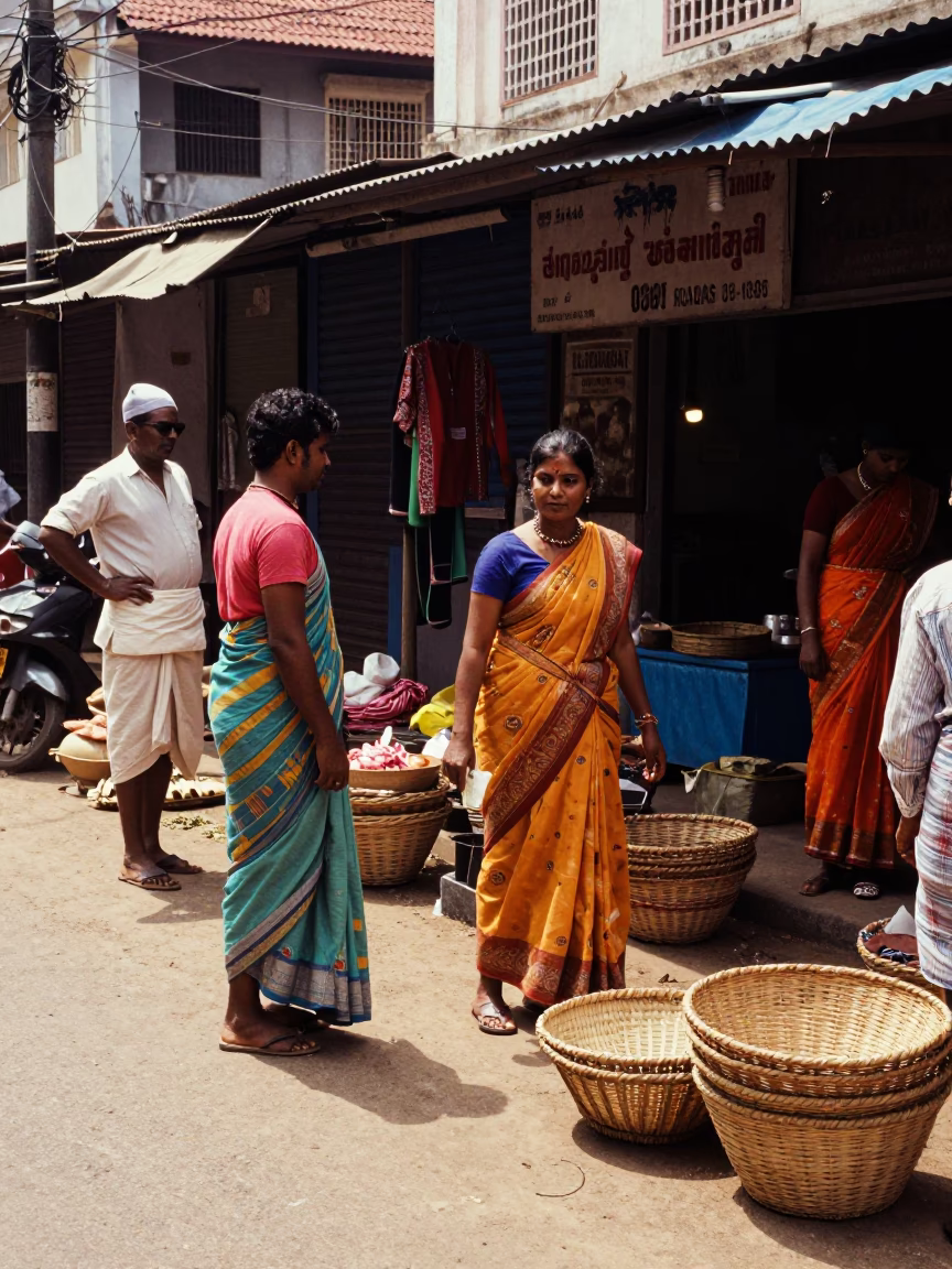 Colorful 1950s Chennai Street Scene with Vibrant Sarees and Traditional Architecture in in Chennai, India