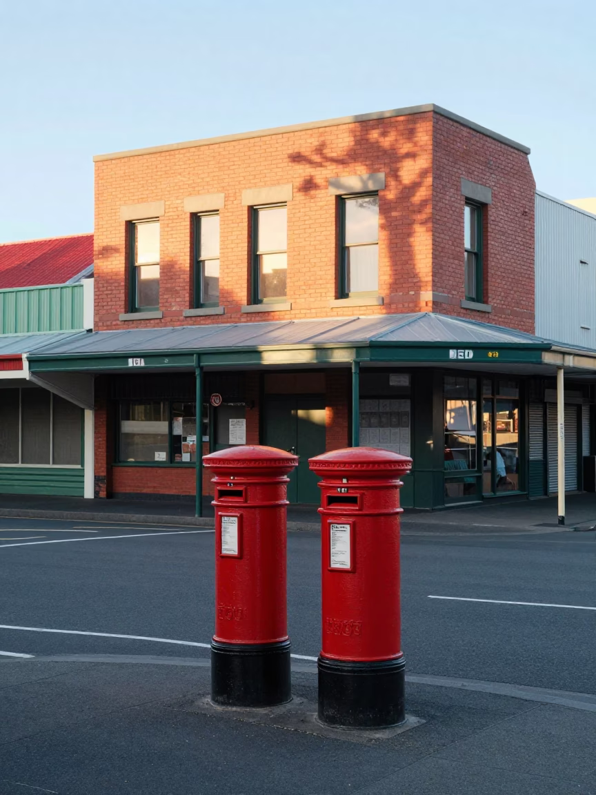 Colorful 1950s Christchurch Street Scene with Mailbox and Newspaper Stack in in Christchurch, New Zealand