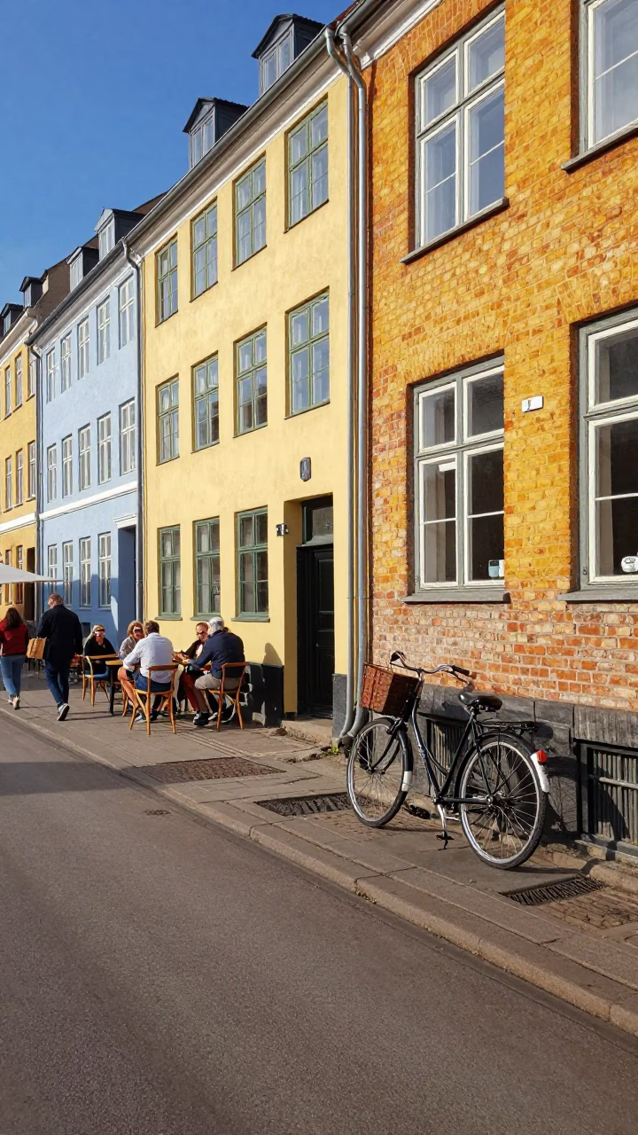 Colorful 1950s Copenhagen Street Scene with Bicycle and Vintage Cafe Atmosphere in in Copenhagen, Denmark