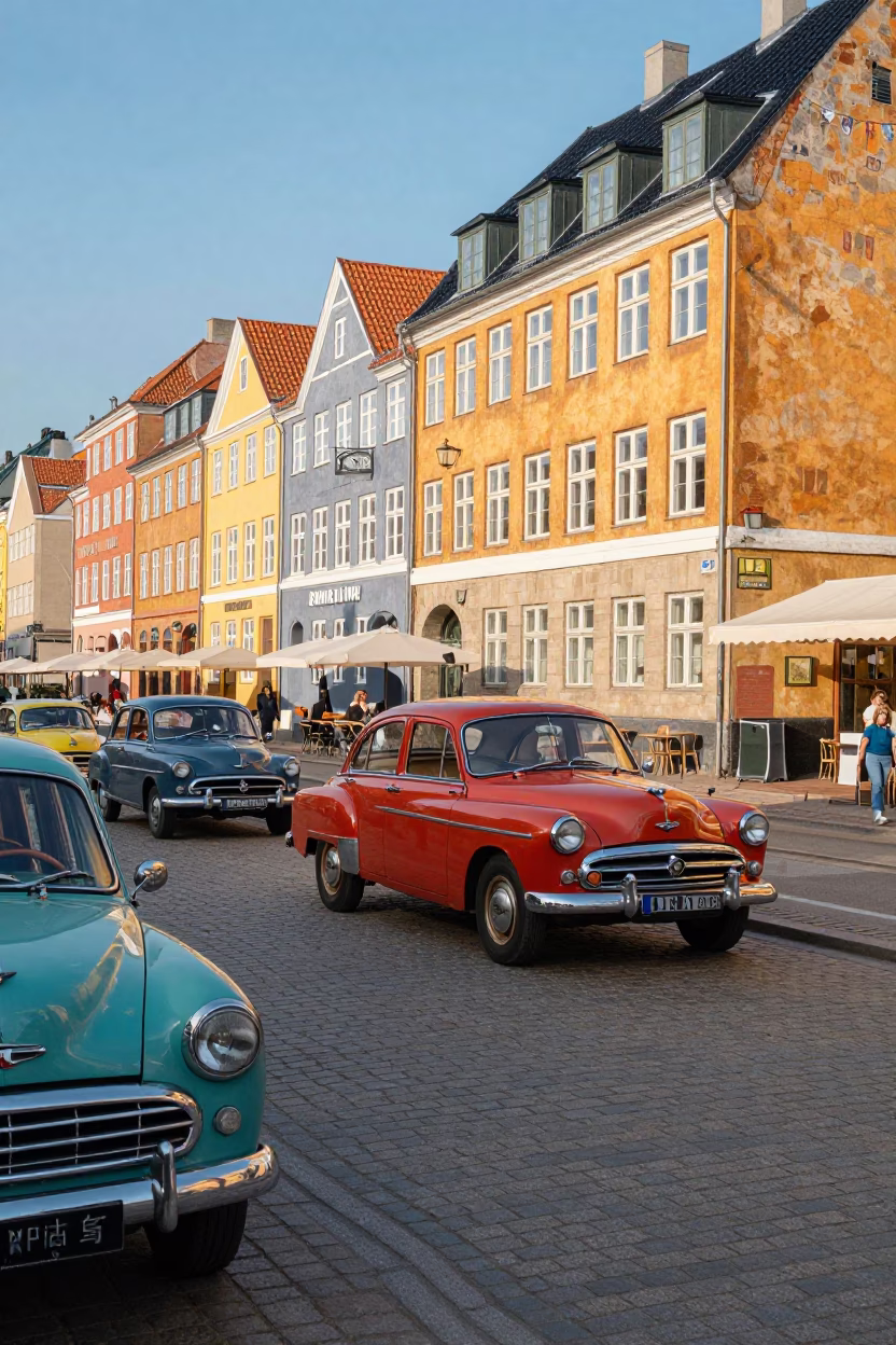 Colorful 1950s Copenhagen Street Scene with Vintage Cars and Cobblestones in in Copenhagen, Denmark