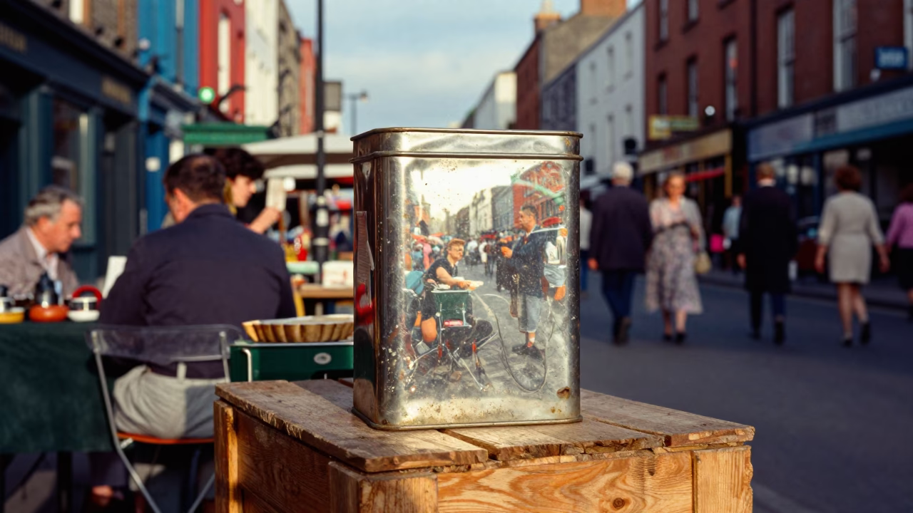 Colorful 1950s Dublin Street Scene with Vintage Tart Tin and Smudged Window Glass in in Dublin, Ireland