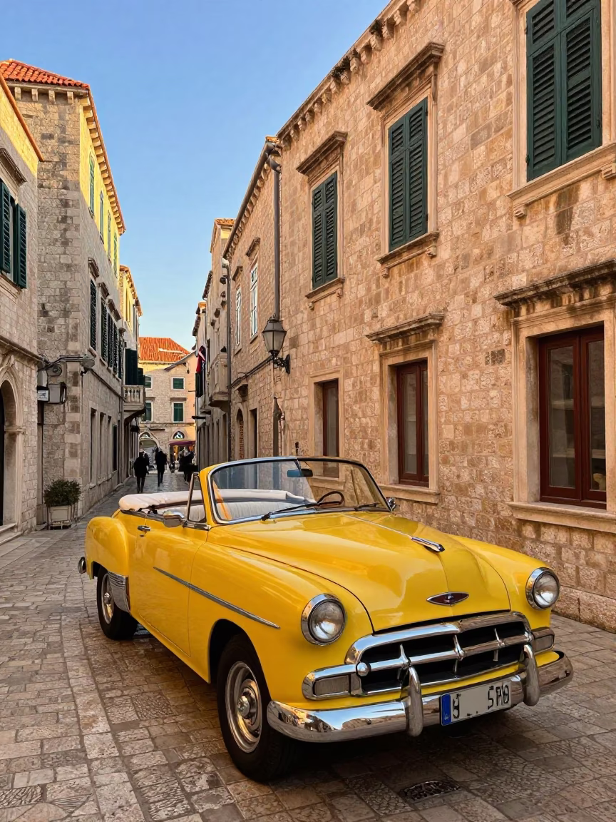 Colorful 1950s Dubrovnik Street Scene with Classic Car and Traditional Architecture in in Dubrovnik, Croatia