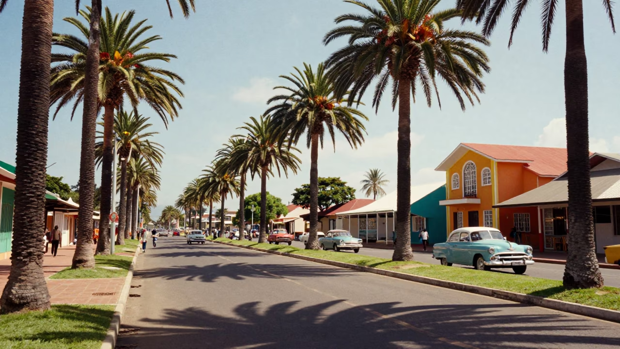 Colorful 1950s Durban Street Scene with Palm Tree Avenue and Vintage Vehicles in in Durban, South Africa