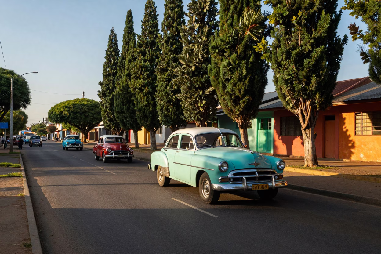 Colorful 1950s Durban Street Scene with Vintage Cars and Cypress Trees in in Durban, South Africa