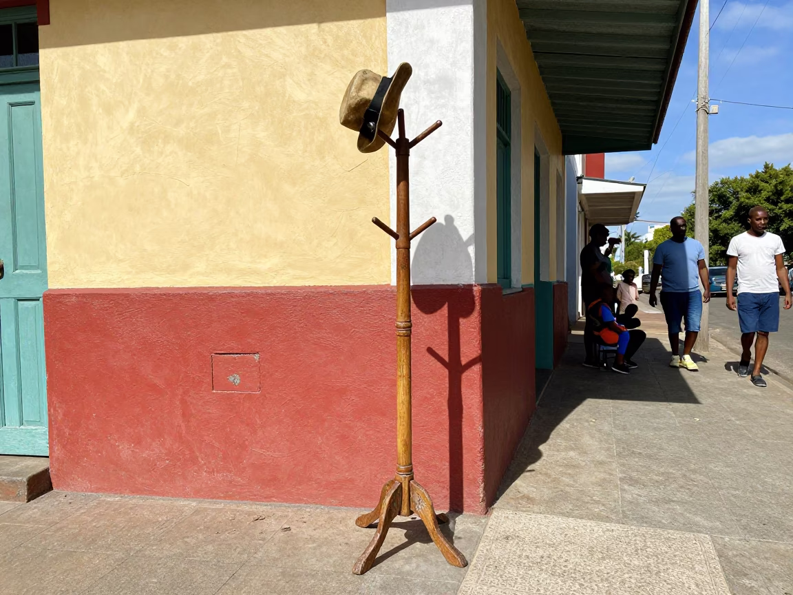 Colorful 1950s Durban Street Scene with Vintage Coat Stand and Leather Basketball in in Durban, South Africa