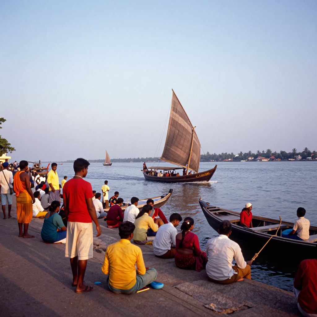 Colorful 1950s Evening Street Scene in Kochi India with Dhow Boats and Local Life in in Kochi, India