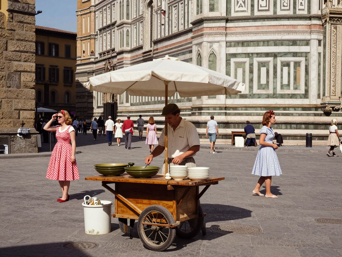 Colorful 1950s Florence Street Scene with Olive Dish and Rain Boots at Noon in in Florence, Italy