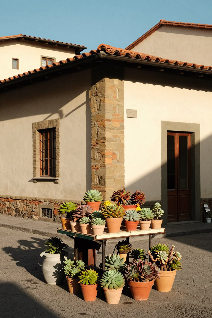 Colorful 1950s Florence Street Scene with Potted Succulents and Traditional Architecture in in Florence, Italy
