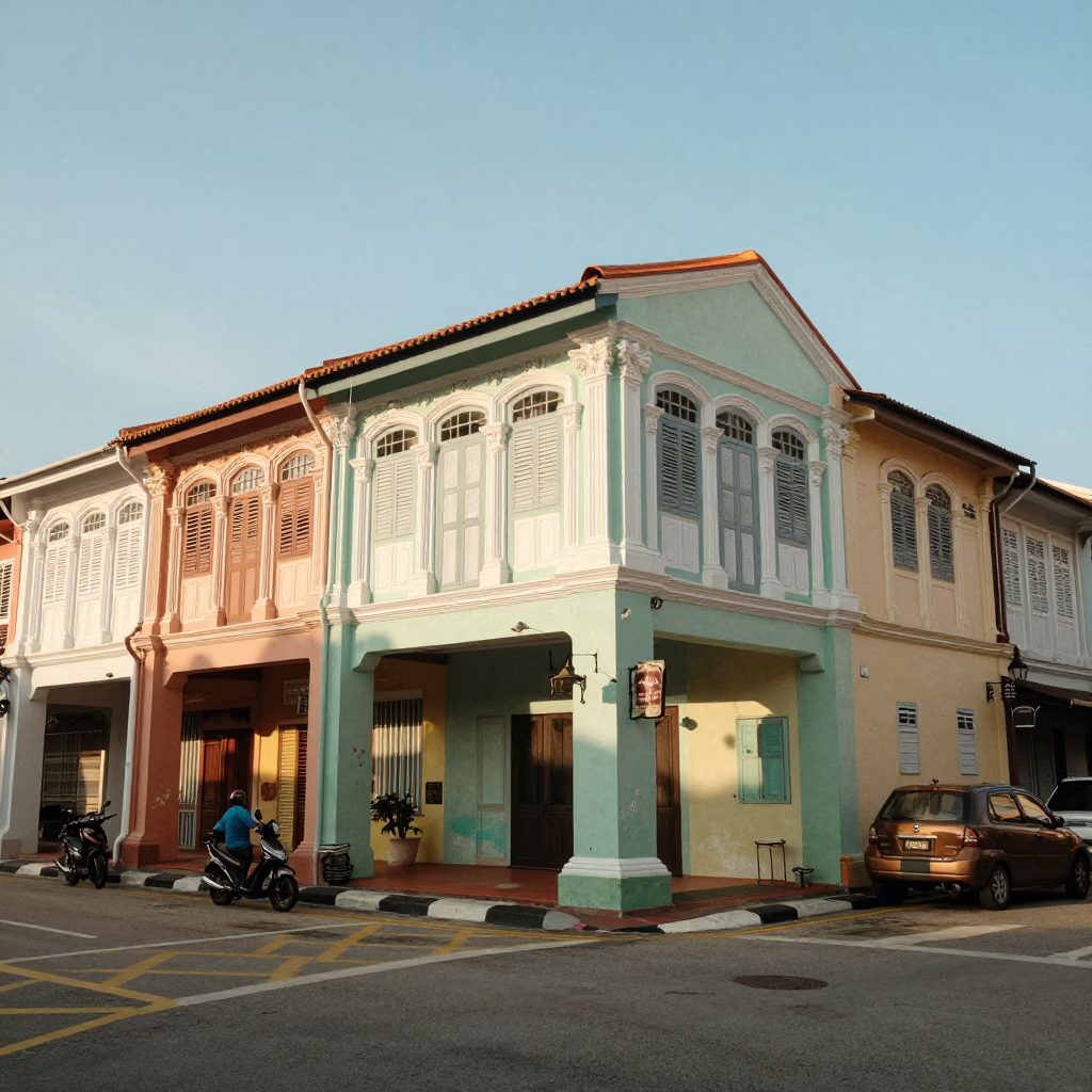 Colorful 1950s George Town Street Scene with Paint Flecks and Local Life in in George Town, Malaysia