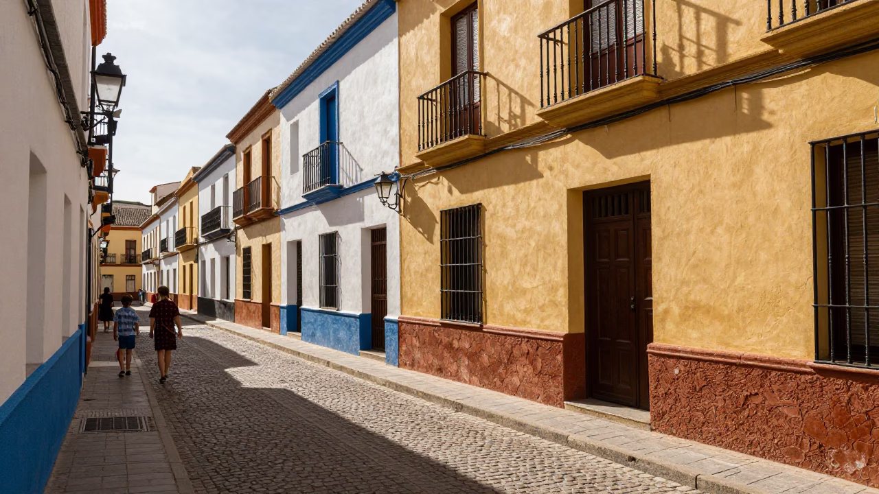 Colorful 1950s Granada Street Scene with Sunlight and Local Life in in Granada, Spain
