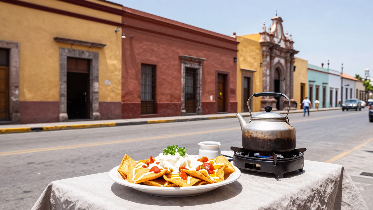 Colorful 1950s Guadalajara Street Scene with Chilaquiles and Kettle in in Guadalajara, Mexico