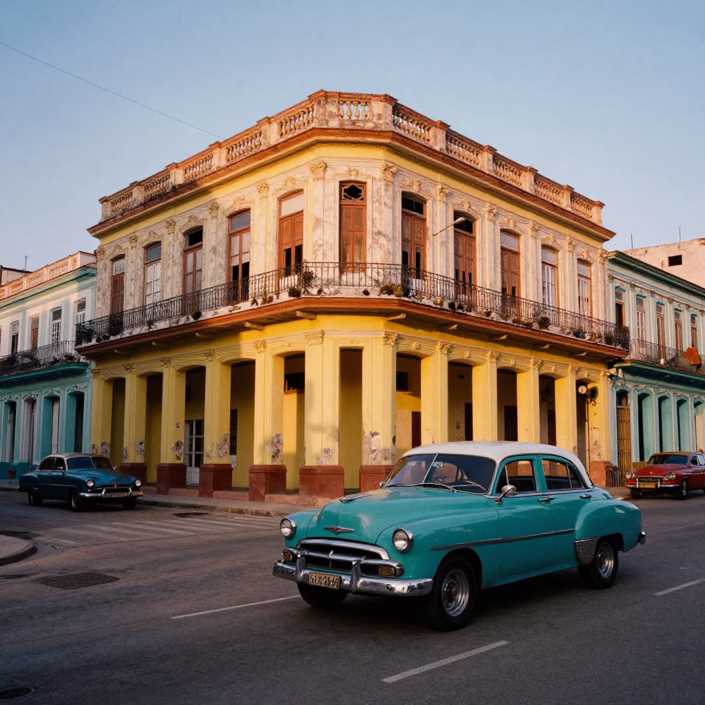 Colorful 1950s Havana Cuba Street Scene Early Evening with Vintage Cars and Local Life in in Havana, Cuba
