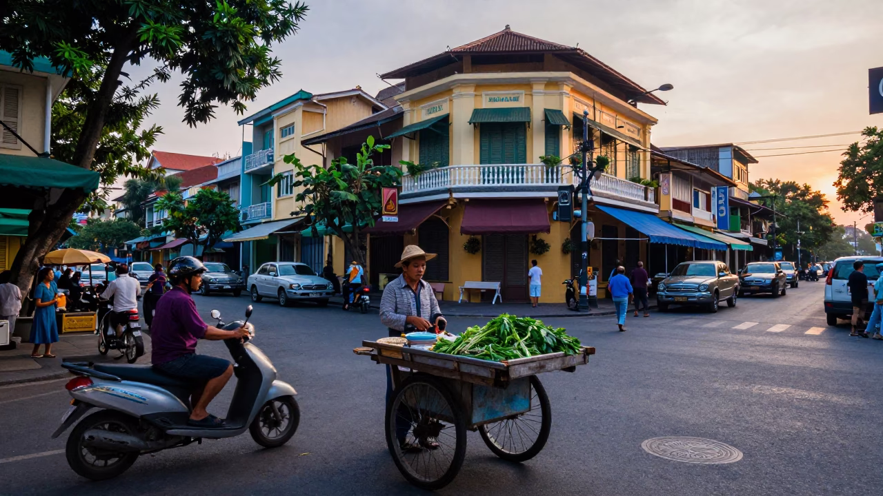 Colorful 1950s Ho Chi Minh City Street Scene Before Sunrise with Basil and Tea in in Ho Chi Minh City, Vietnam