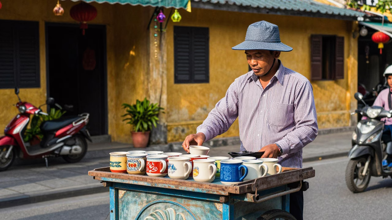 Colorful 1950s Hoi An Street Scene with Ceramic Mugs and Local Life in in Hoi An, Vietnam