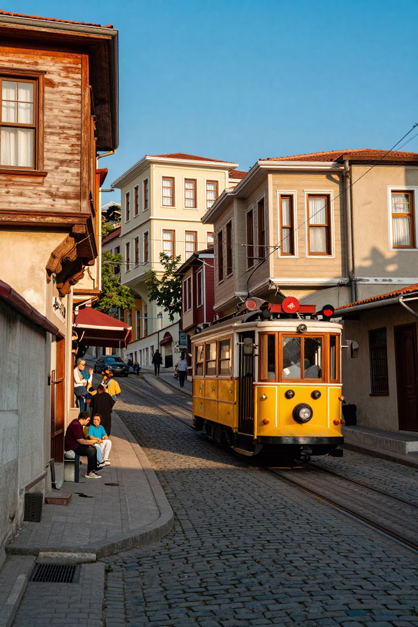 Colorful 1950s Istanbul Street Scene with Tram on Steep Hill and Tool Hooks in in Istanbul, Turkey