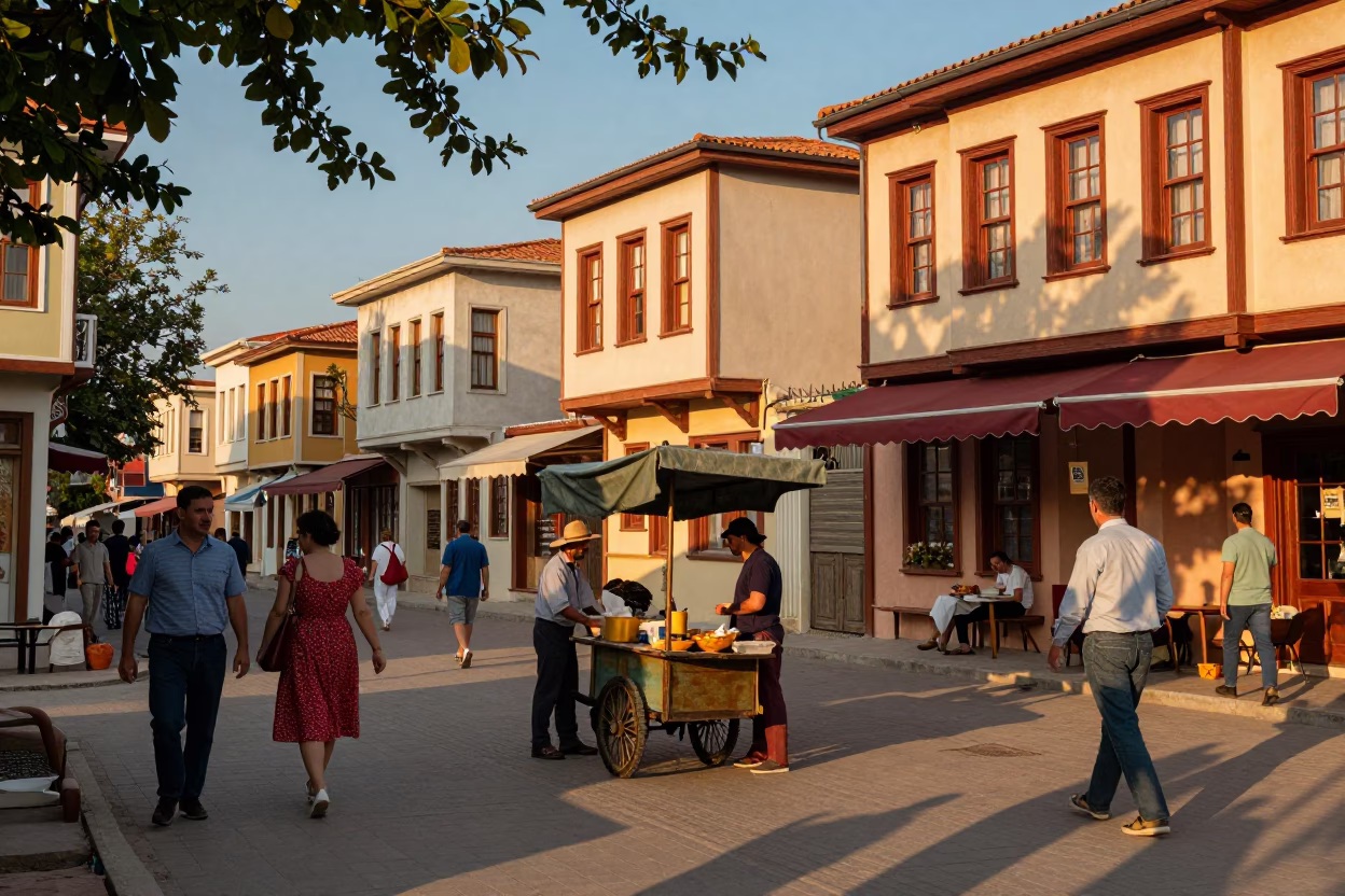Colorful 1950s Izmir Street Scene with Leaf Shadows and Brushed Steel Details in in Izmir, Turkey