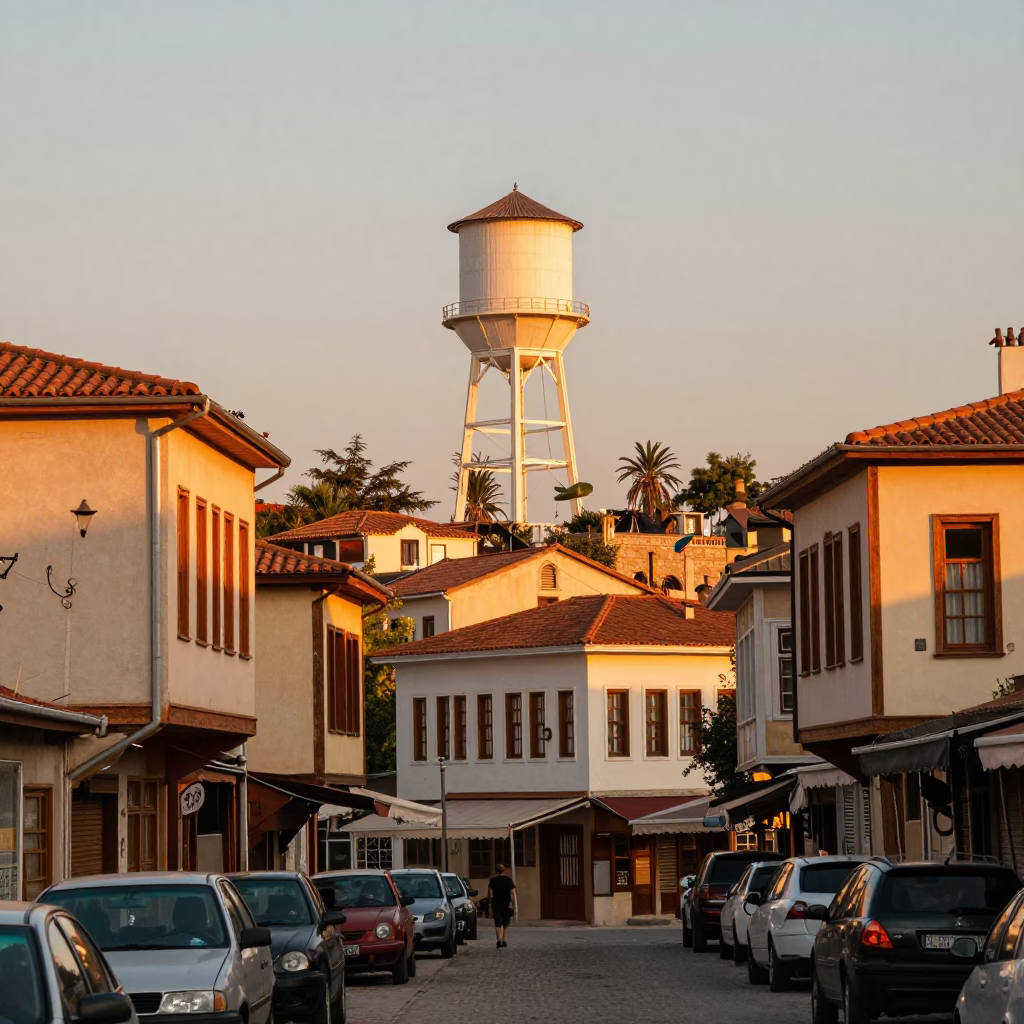 Colorful 1950s Izmir Street Scene with Water Tower and Evening Light in in Izmir, Turkey