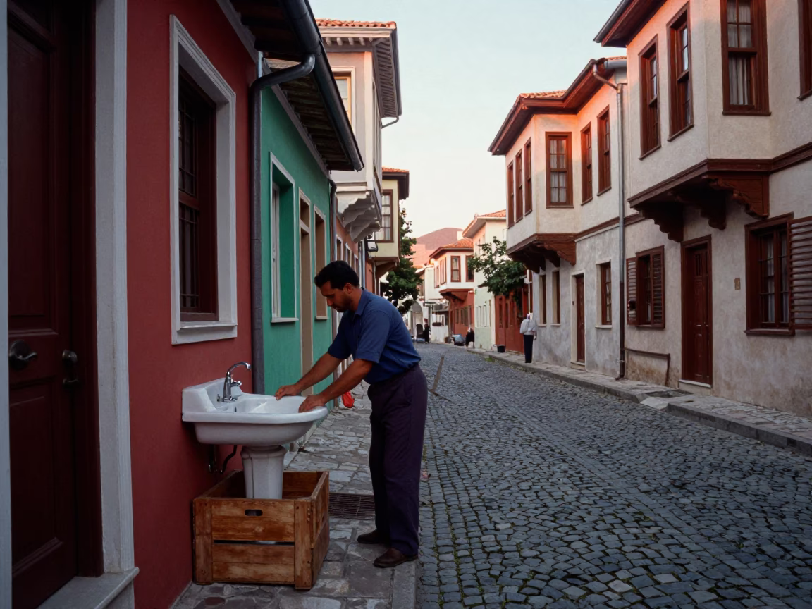 Colorful 1950s Izmir Turkey Dawn Street Scene with Wash Basin and Brushed Steel in in Izmir, Turkey