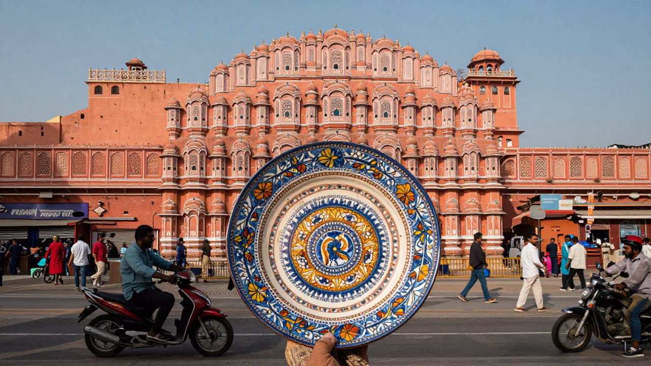 Colorful 1950s Jaipur India Street Scene with Vintage Majolica Plate and Local Market Activity in in Jaipur, India