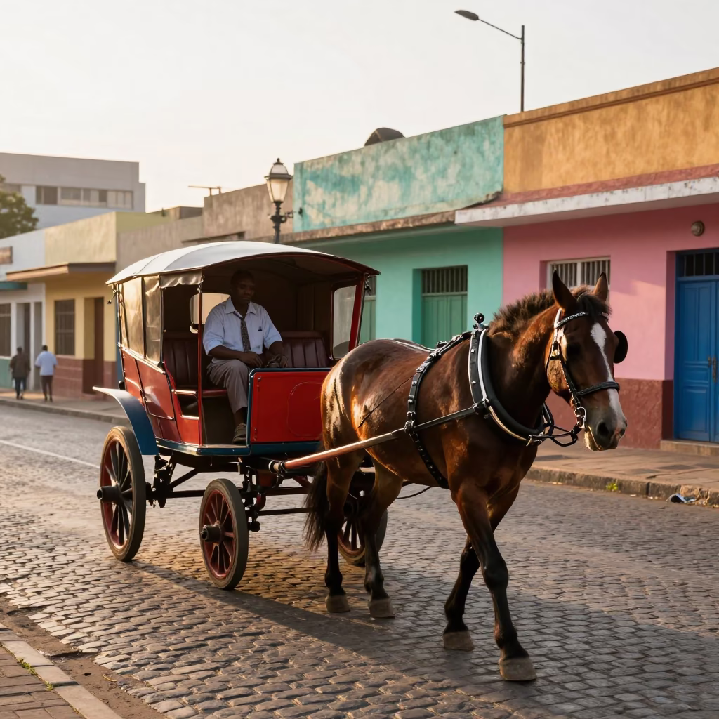 Colorful 1950s Johannesburg Street Scene with Horse-Drawn Cart and Spanish Mastiff at Sunrise in in Johannesburg, South Africa