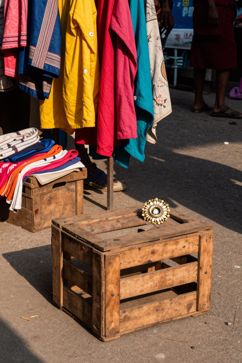 Colorful 1950s Kolkata Street Scene with Crate and Brooch in Late Afternoon Light in in Kolkata, India