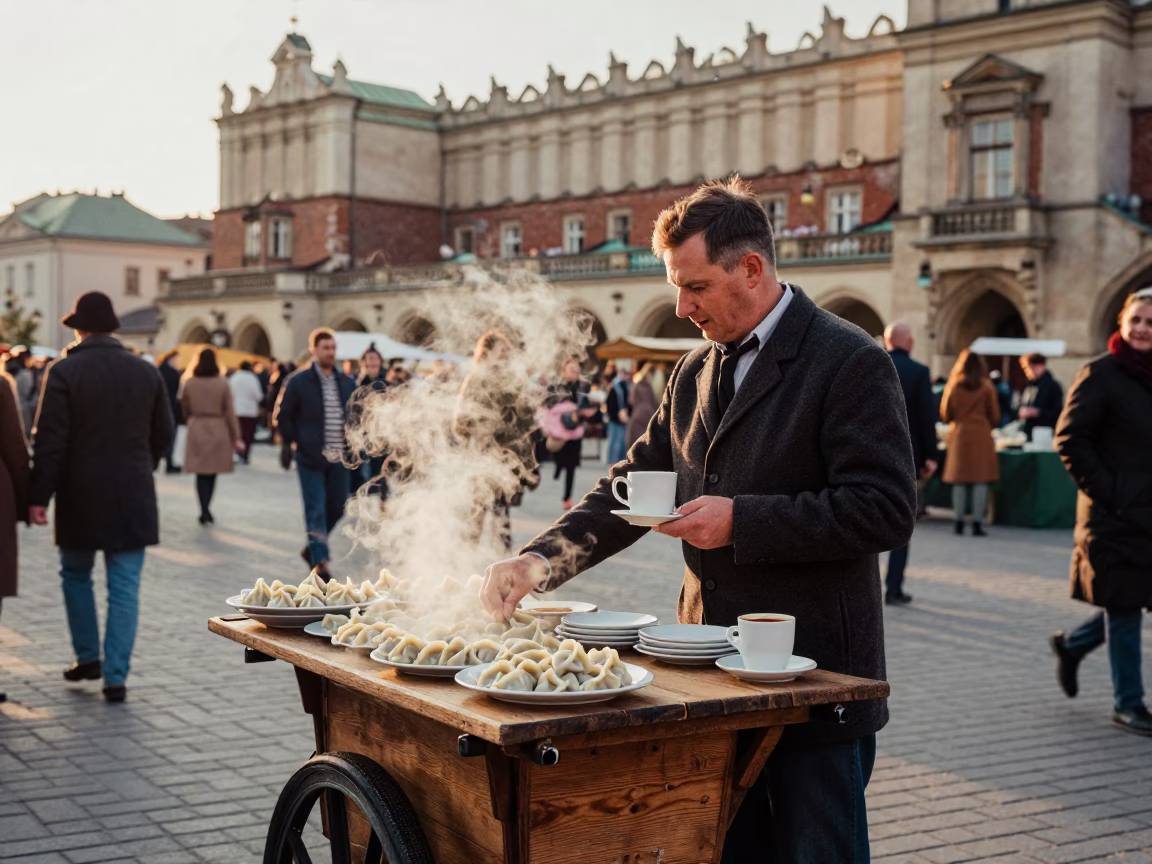 Colorful 1950s Krakow Street Scene with Dumplings and Coffee Tin in in Krakow, Poland