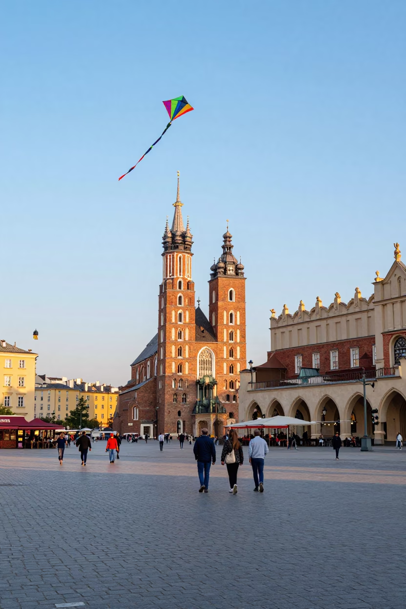 Colorful 1950s Krakow Street Scene with Kites Flying Over Historic Market Square in in Krakow, Poland