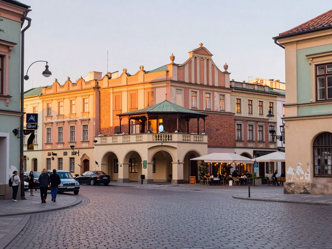 Colorful 1950s Krakow Street Scene with Vintage Details and Local Life in in Krakow, Poland