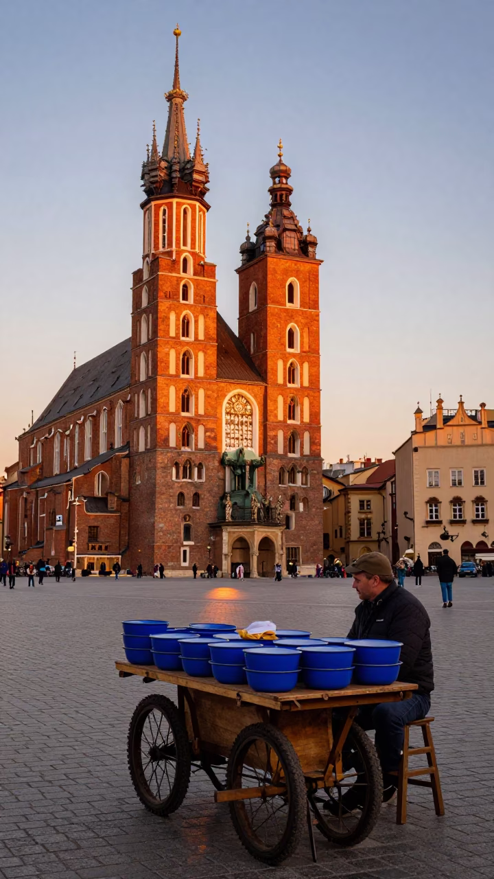 Colorful 1950s Krakow Sunset Street Scene with Enamel Bowls and Local Life in in Krakow, Poland